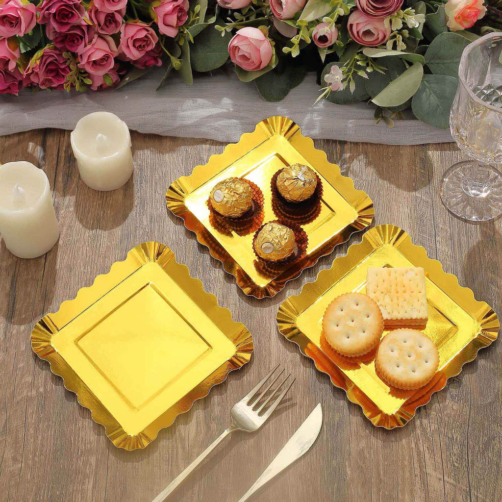 50-Pack Paper 5" Square Dessert Plates in Gold Foil with Scalloped Rim - Disposable Appetizer Plates for for Glam Gatherings & Special Occasions