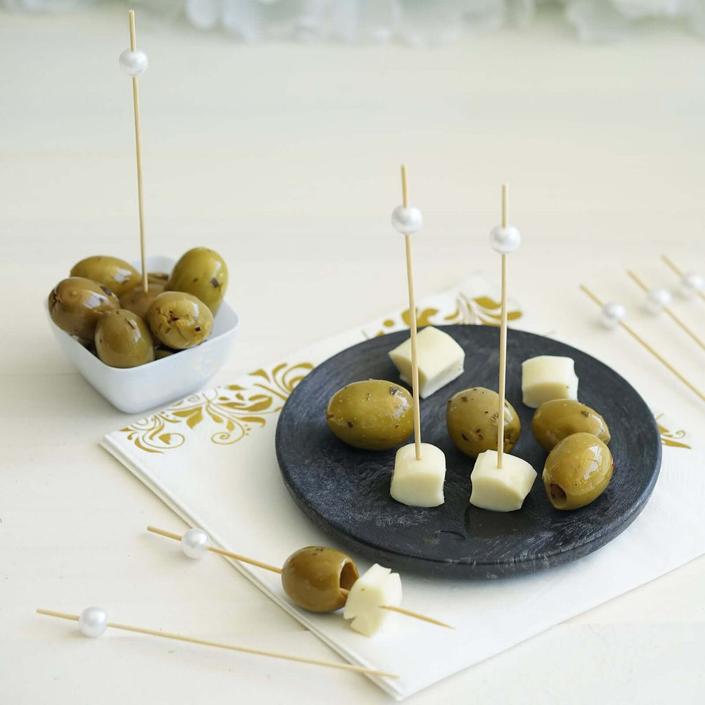 100-Pack Bamboo Cocktail Picks Natural Pearl Decorative Top Design - Eco Friendly Stir Sticks 5"