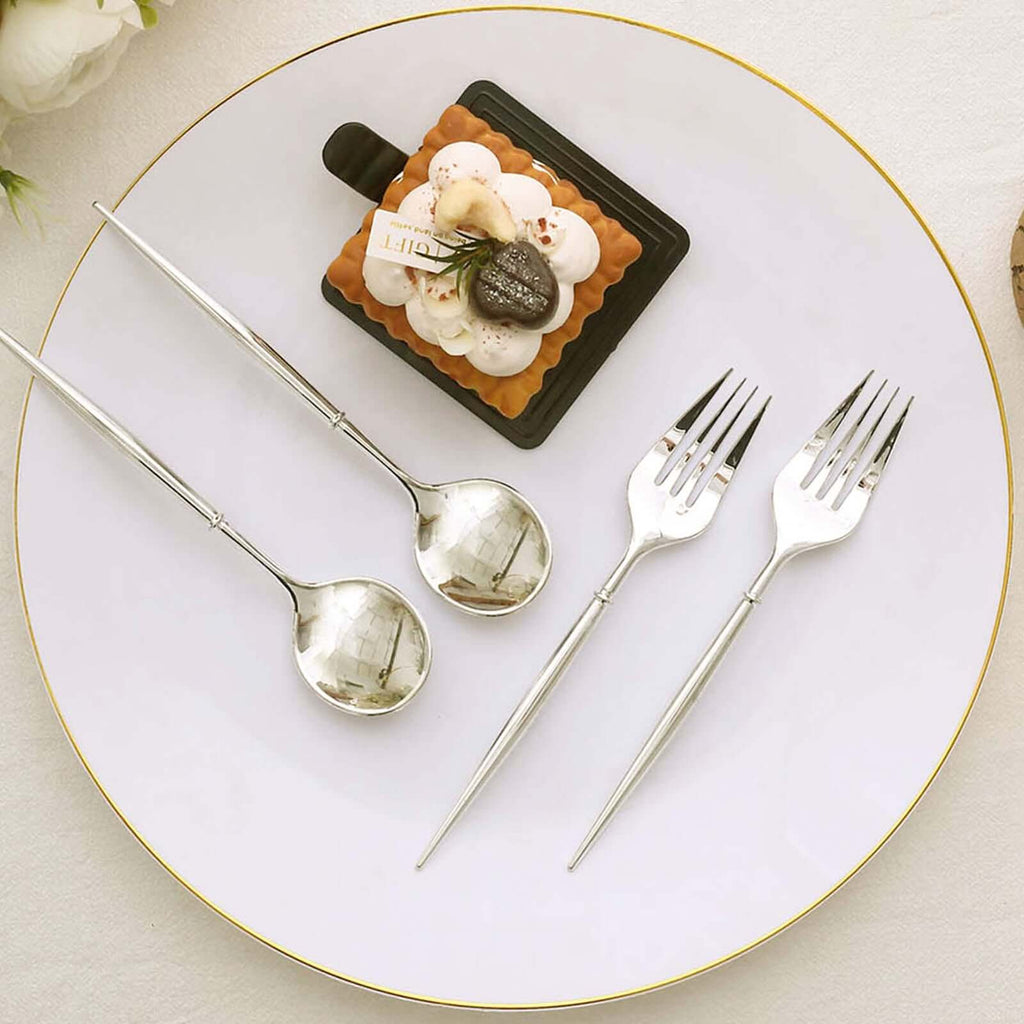 24-Pack Plastic Fork and Spoon Set Metallic Silver - Heavy Duty Disposable Modern Utensils 6"