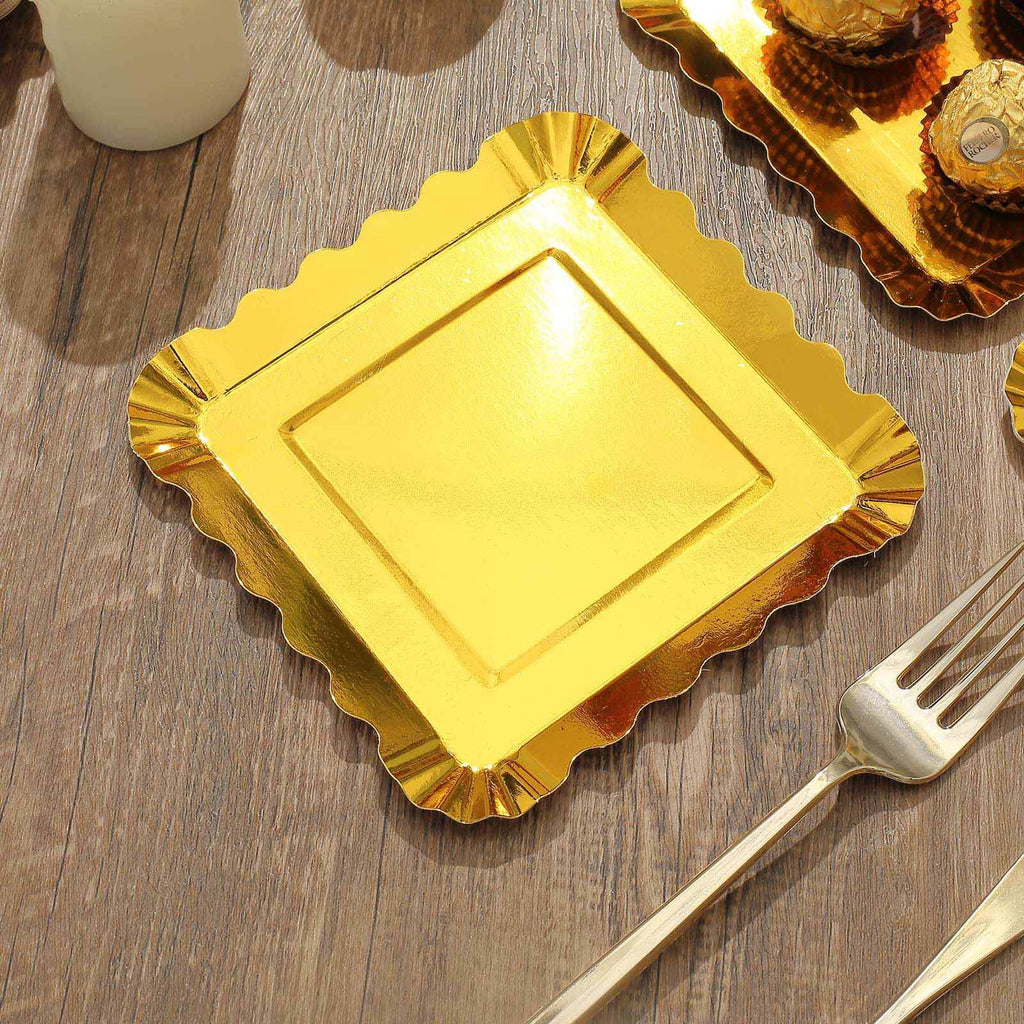 50-Pack Paper 5" Square Dessert Plates in Gold Foil with Scalloped Rim - Disposable Appetizer Plates for for Glam Gatherings & Special Occasions