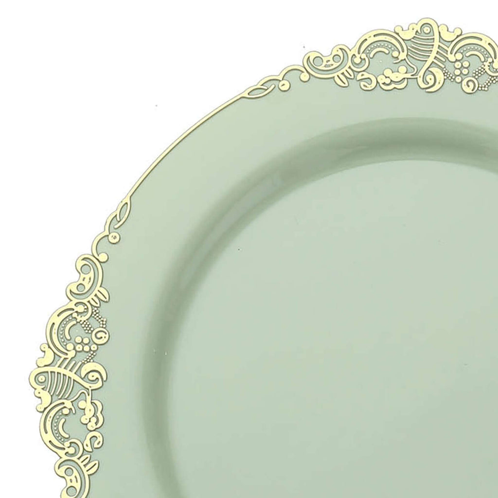 10-Pack Plastic 10" Round Dinner Plates in Sage Green with Gold Leaf Embossed Rim - Disposable Vintage Baroque Style Plates