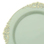 10-Pack Plastic 10" Round Dinner Plates in Sage Green with Gold Leaf Embossed Rim - Disposable Vintage Baroque Style Plates