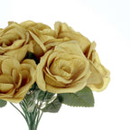12" Gold Artificial Velvet-Like Fabric Rose Flower Bouquet Bush