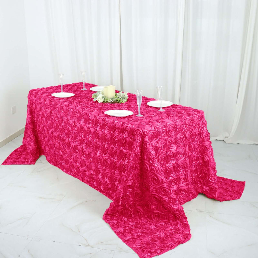 Satin 90"x132" Rectangle Tablecloth Fuchsia - Grandiose 3D Rosette Seamless Table Cover