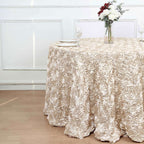 Satin 120" Round Tablecloth Beige - Grandiose 3D Rosette with Seamless Finish Table Cover