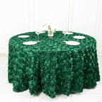 Satin 120" Round Tablecloth Hunter Emerald Green - Grandiose 3D Rosette with Seamless Finish Table Cover