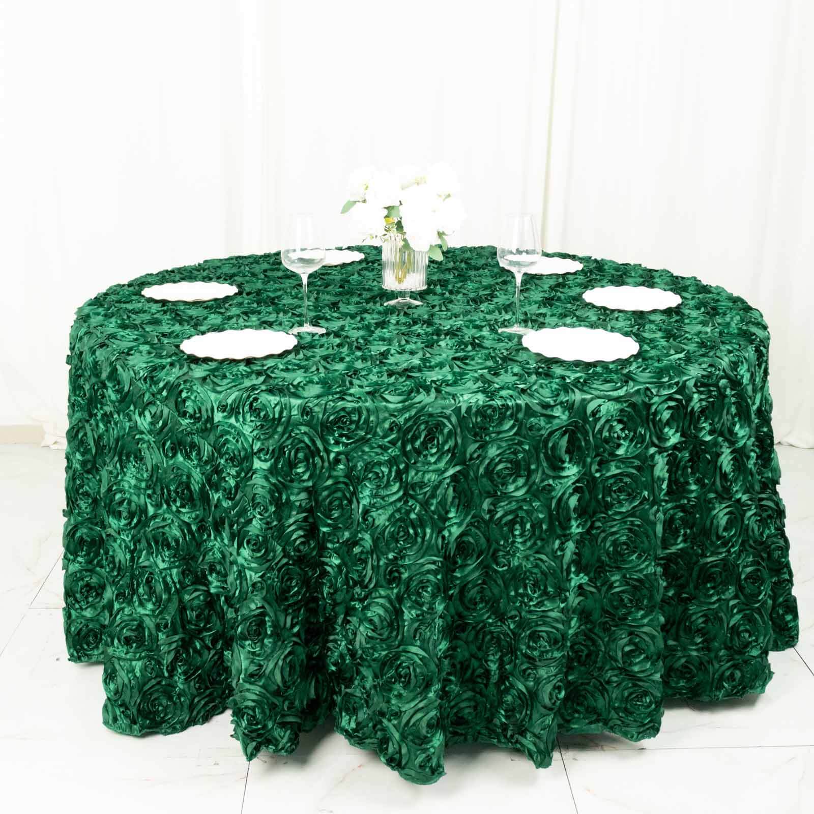 Satin 120" Round Tablecloth Hunter Emerald Green - Grandiose 3D Rosette with Seamless Finish Table Cover