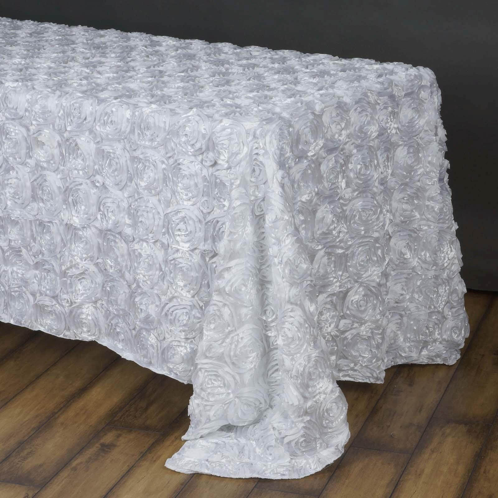 Satin 90"x156" Rectangle Tablecloth White - Grandiose 3D Rosette Design with Seamless Finish for Sophisticated Celebrations