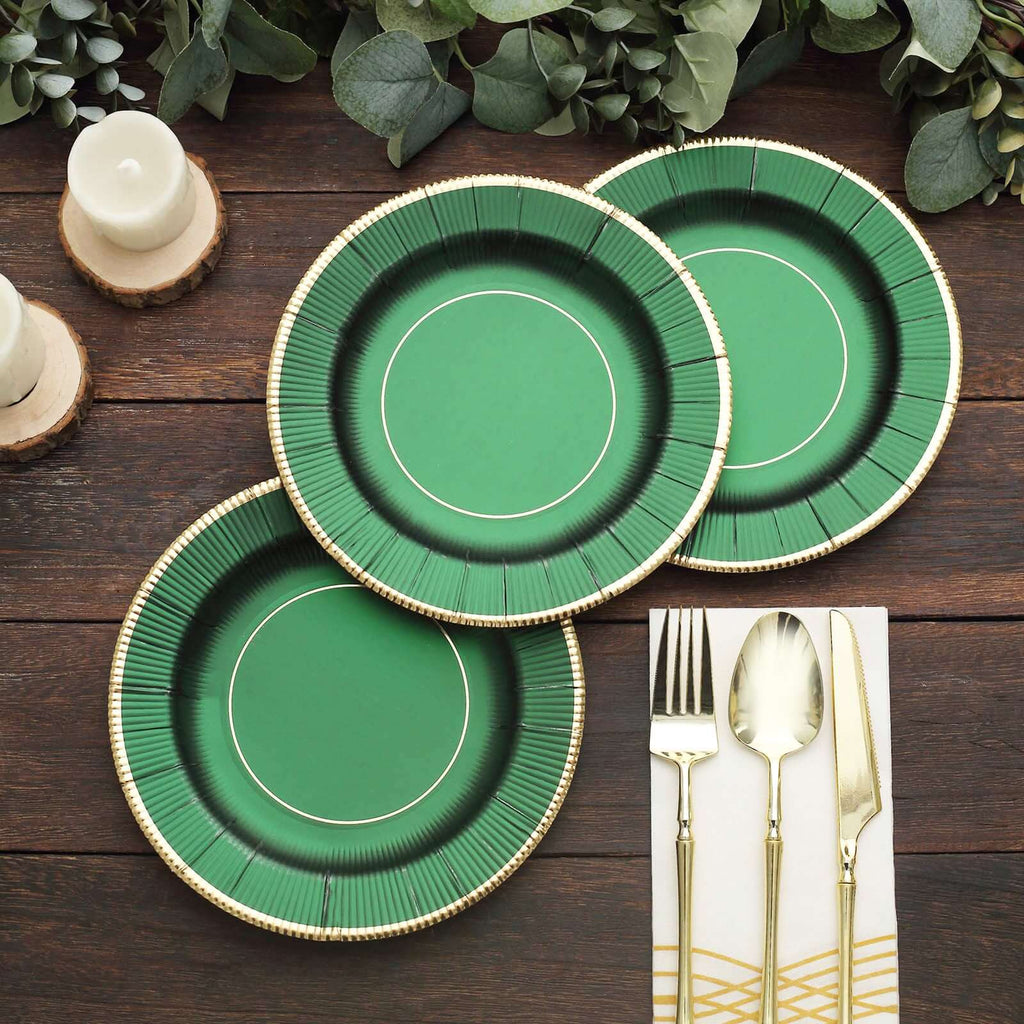 25-Pack Paper 8" Round Dessert Plates in Hunter Emerald Green Sunray Design with Gold Rim - Disposable Heavy Duty 350GSM Appetizer Salad Plates