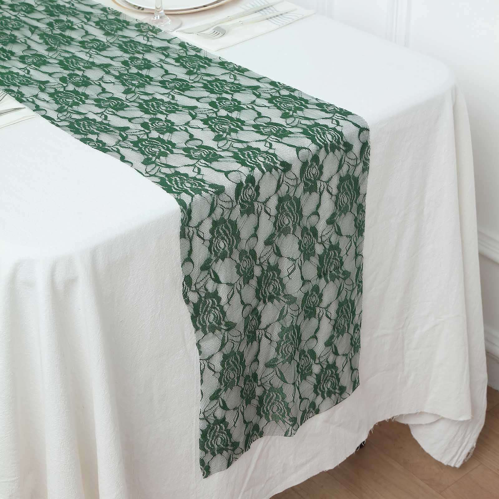 Lace 12"x108" Table Runner Hunter Emerald Green - Vintage Rose Pattern Table Decor