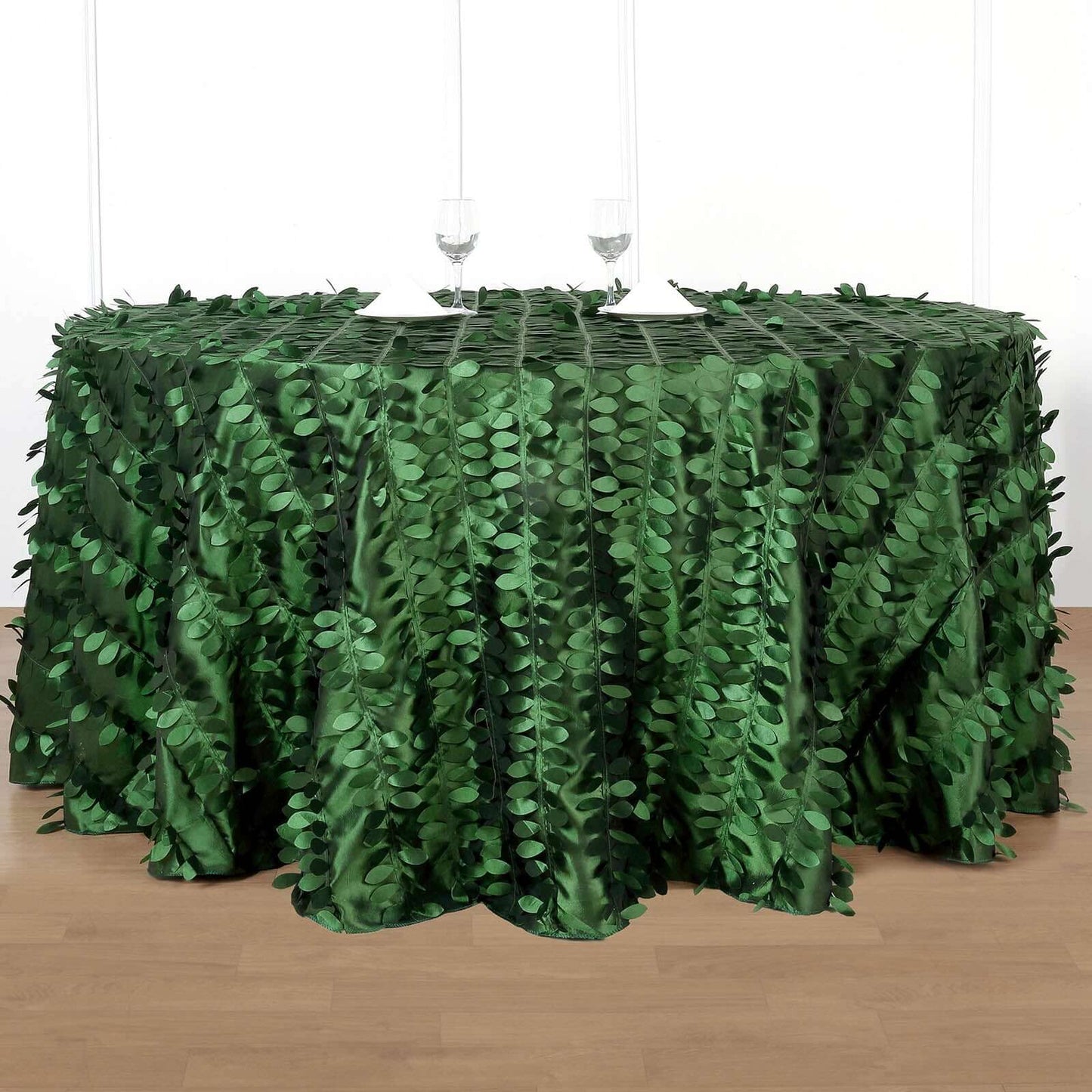 Taffeta 120" Round Tablecloth Green | 3D Leaf Petal Design Seamless Table Cover