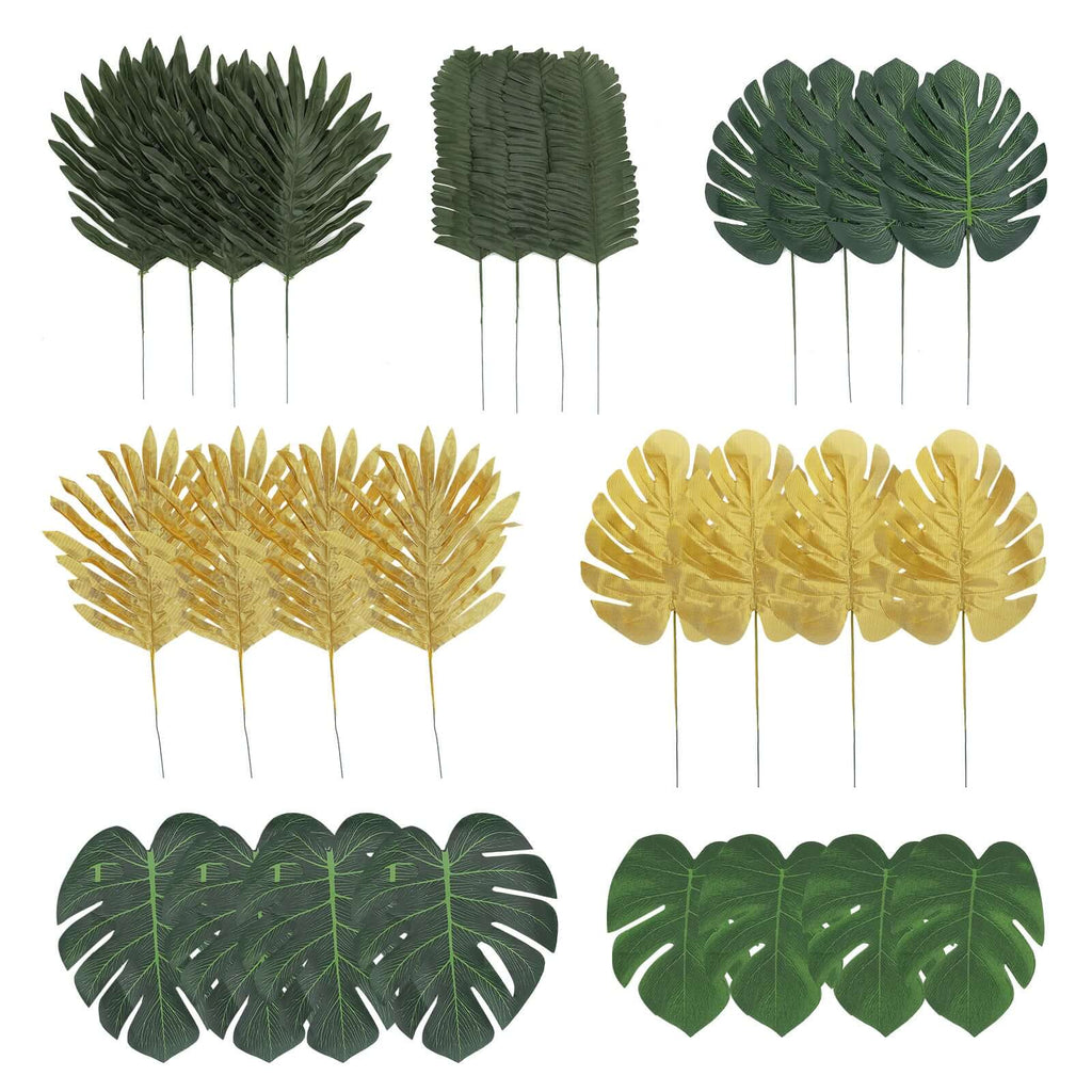 28 Pack Green And Gold Silk Tropical Monstera Palm Leaves, Assorted Artificial Jungle Theme Branches