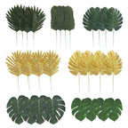 28 Pack Green And Gold Silk Tropical Monstera Palm Leaves, Assorted Artificial Jungle Theme Branches