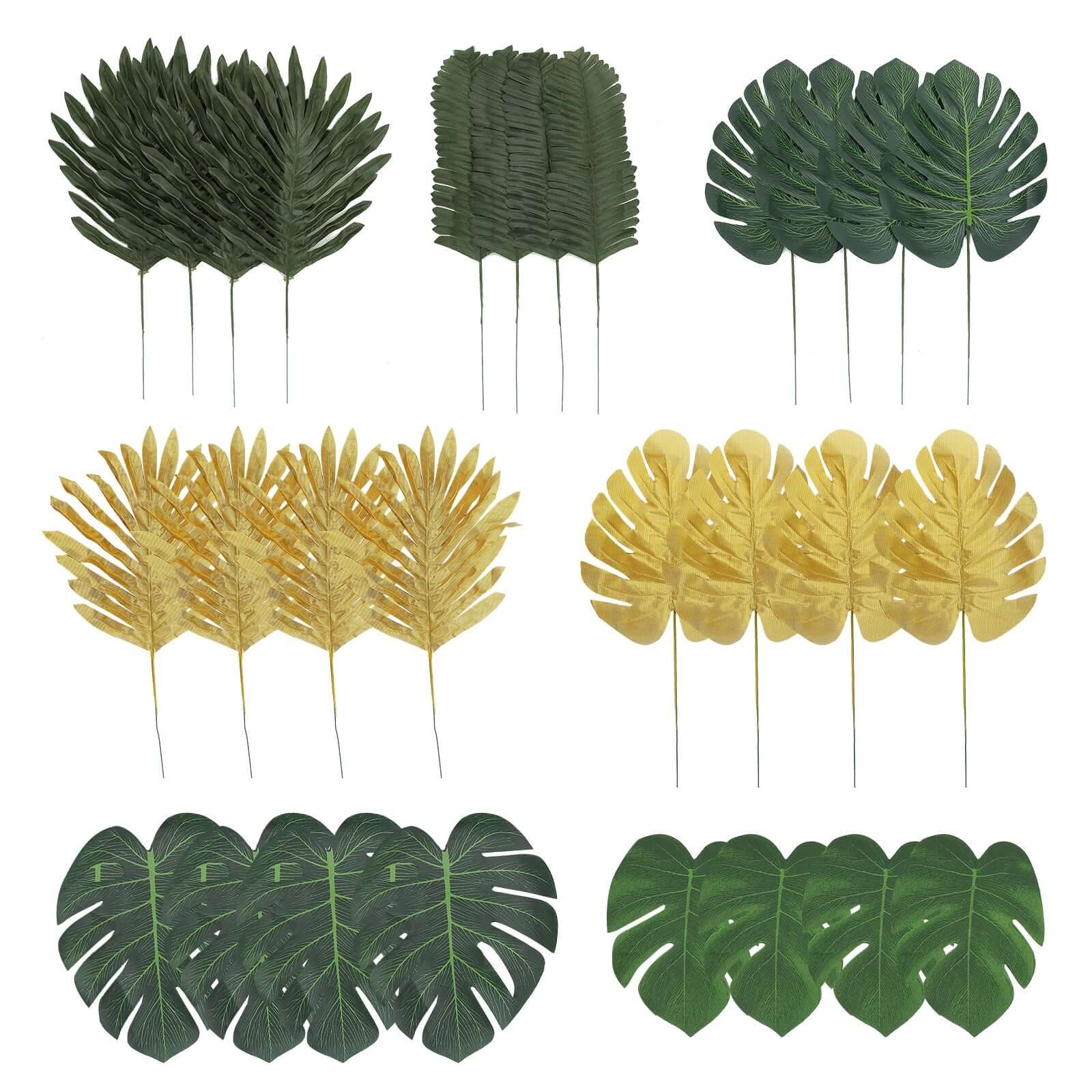 28 Pack Green And Gold Silk Tropical Monstera Palm Leaves, Assorted Artificial Jungle Theme Branches