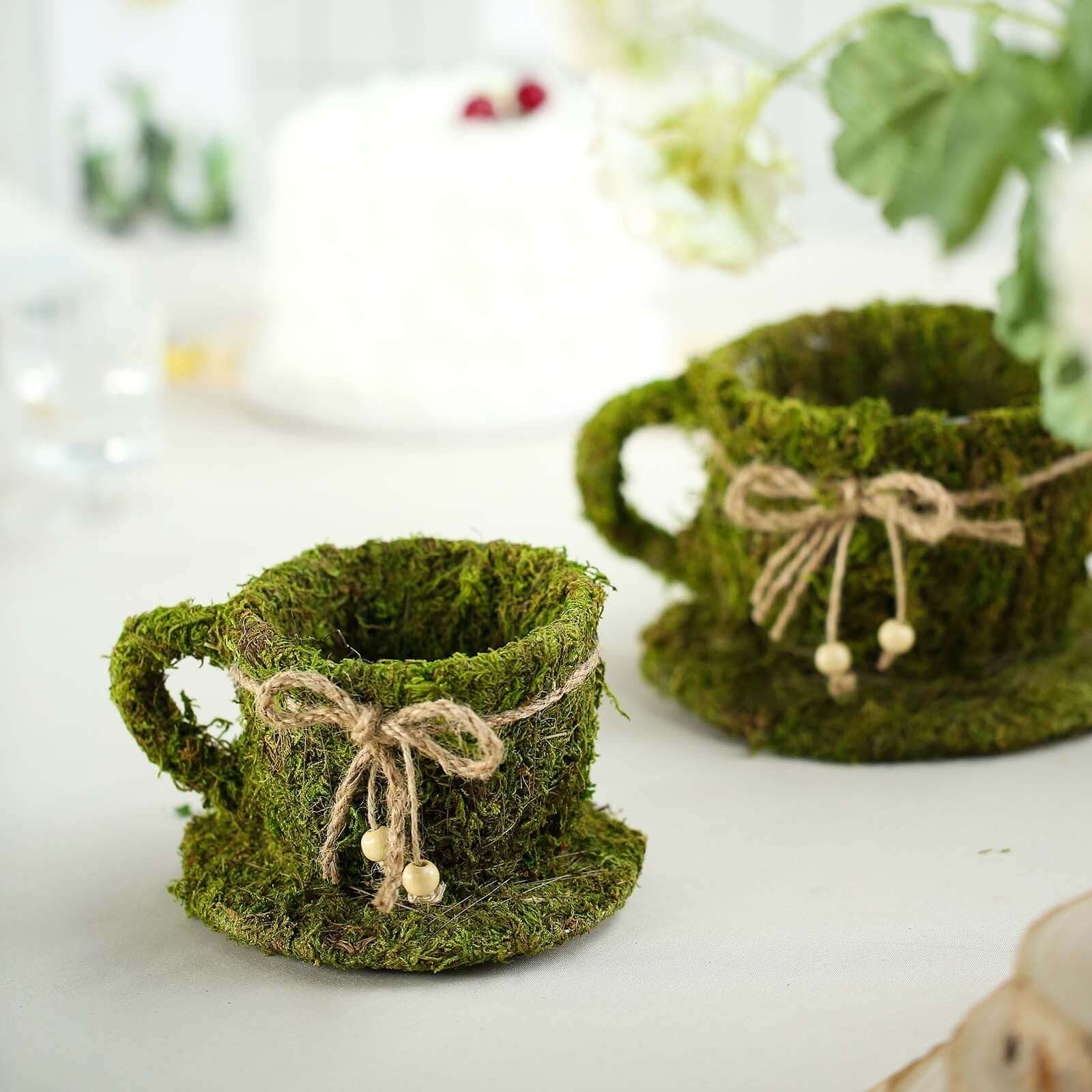Set of 2 Teacup Shaped Planter Boxes Preserved Moss with Twine Green - Flower Basket Centerpieces 5", 4"