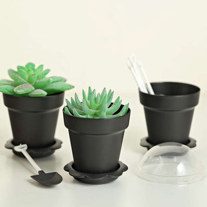 12-Pack Dessert Cups Succulent Planter Design Black - Plastic Serving Cups with Lids and Shovels 4"