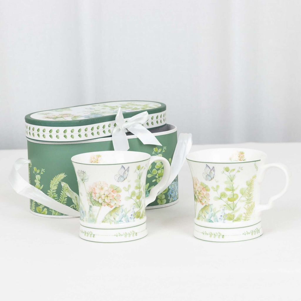 Greenery Theme Bridal Shower Gift Set, 2 Pack Porcelain Tea Cups With Matching Keepsake Gift Box and Satin Ribbon Handle - Bell Racket Store
