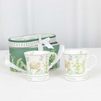 Greenery Theme Bridal Shower Gift Set, 2 Pack Porcelain Tea Cups With Matching Keepsake Gift Box and Satin Ribbon Handle - Bell Racket Store