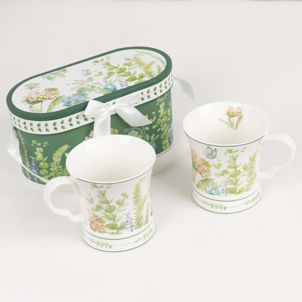 Greenery Theme Bridal Shower Gift Set, 2 Pack Porcelain Tea Cups With Matching Keepsake Gift Box and Satin Ribbon Handle - Bell Racket Store
