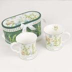 Greenery Theme Bridal Shower Gift Set, 2 Pack Porcelain Tea Cups With Matching Keepsake Gift Box and Satin Ribbon Handle - Bell Racket Store