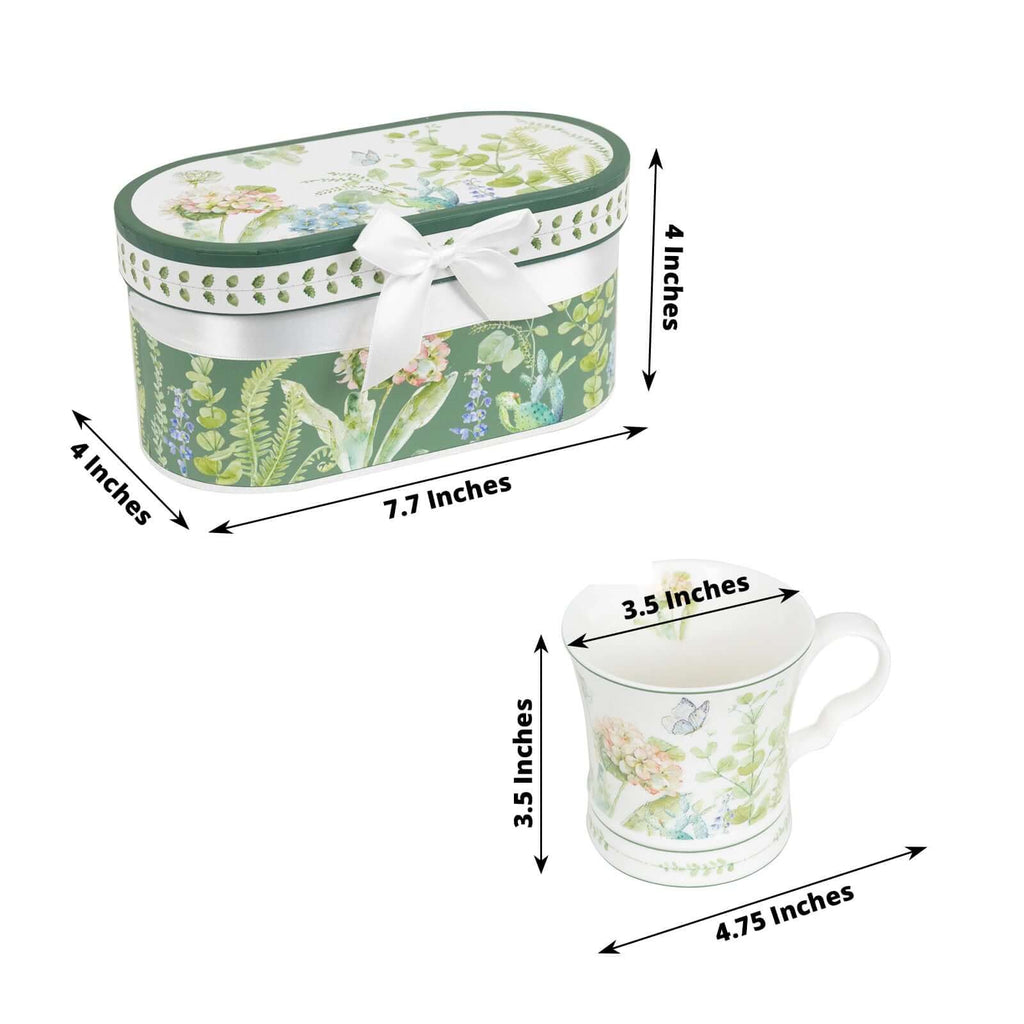 Greenery Theme Bridal Shower Gift Set, 2 Pack Porcelain Tea Cups With Matching Keepsake Gift Box and Satin Ribbon Handle - Bell Racket Store