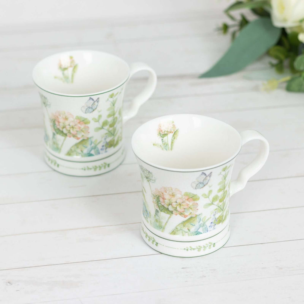 Greenery Theme Bridal Shower Gift Set, 2 Pack Porcelain Tea Cups With Matching Keepsake Gift Box and Satin Ribbon Handle - Bell Racket Store