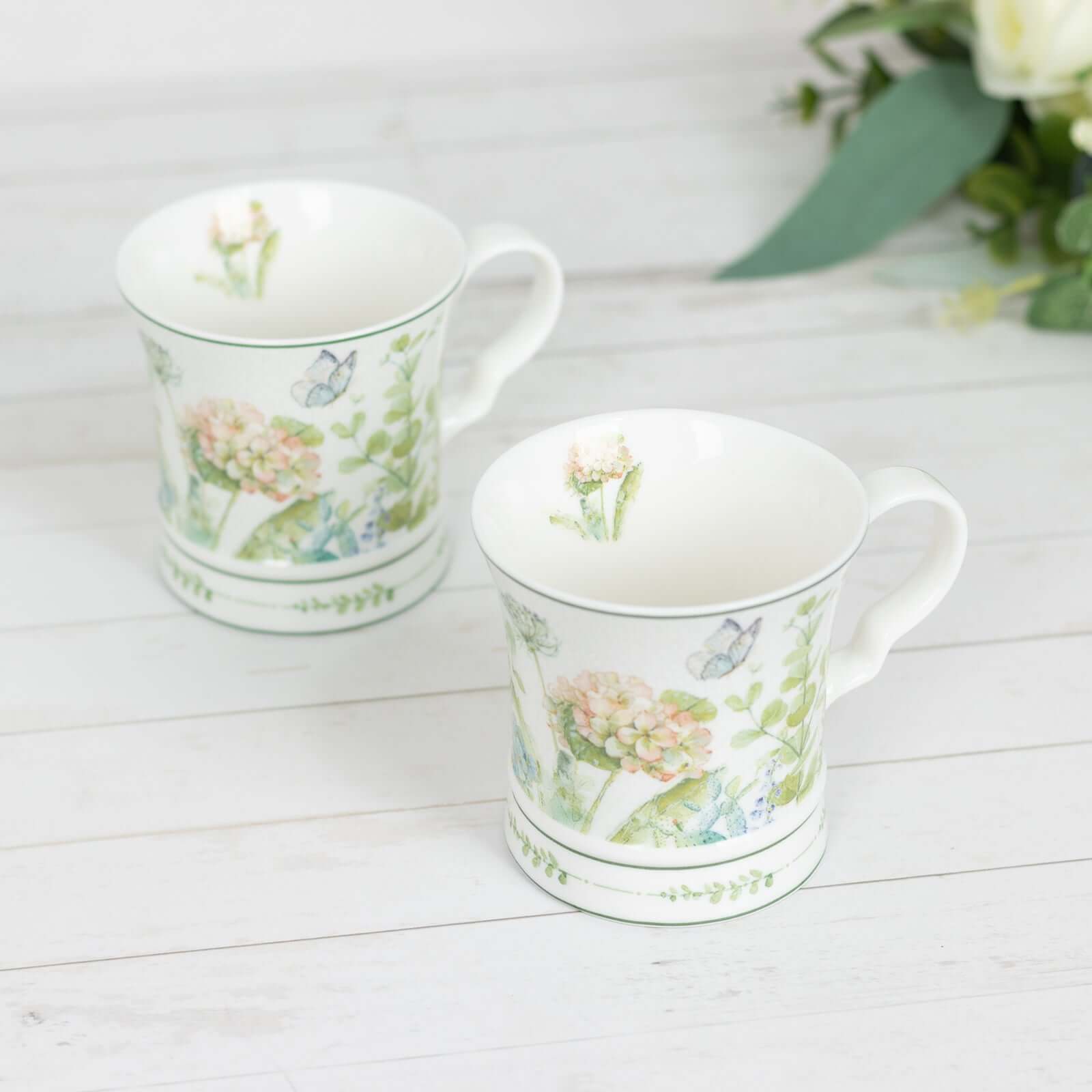 Greenery Theme Bridal Shower Gift Set, 2 Pack Porcelain Tea Cups With Matching Keepsake Gift Box and Satin Ribbon Handle - Bell Racket Store