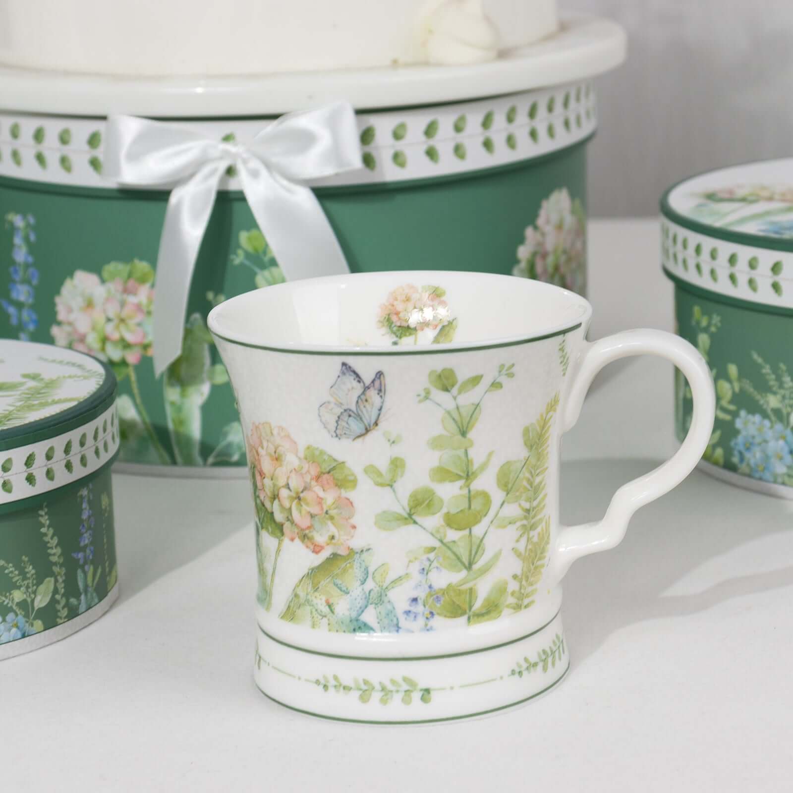 Greenery Theme Bridal Shower Gift Set, 2 Pack Porcelain Tea Cups With Matching Keepsake Gift Box and Satin Ribbon Handle - Bell Racket Store