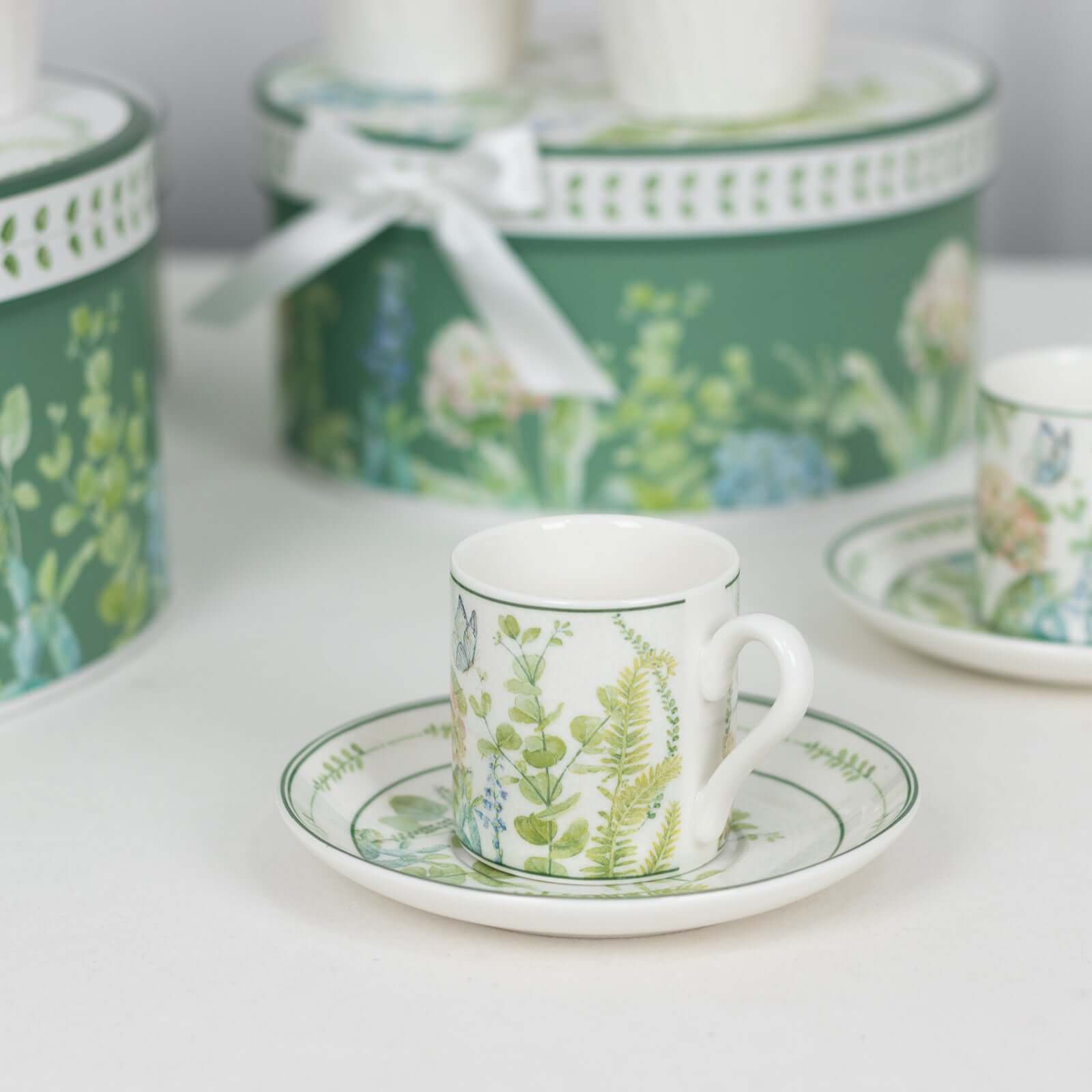 Greenery Theme Bridal Shower Gift Set, Set of 2 Porcelain Espresso Cups and Saucers with Matching Keepsake Box - Bell Racket Store