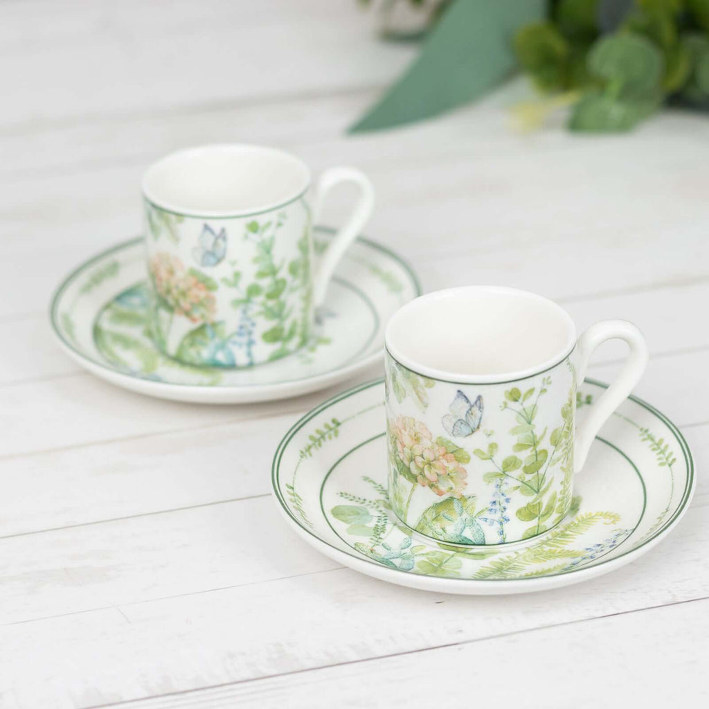 Greenery Theme Bridal Shower Gift Set, Set of 2 Porcelain Espresso Cups and Saucers with Matching Keepsake Box - Bell Racket Store