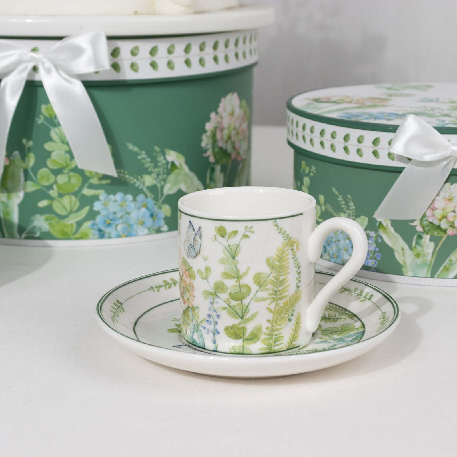 Greenery Theme Bridal Shower Gift Set, Set of 2 Porcelain Espresso Cups and Saucers with Matching Keepsake Box - Bell Racket Store