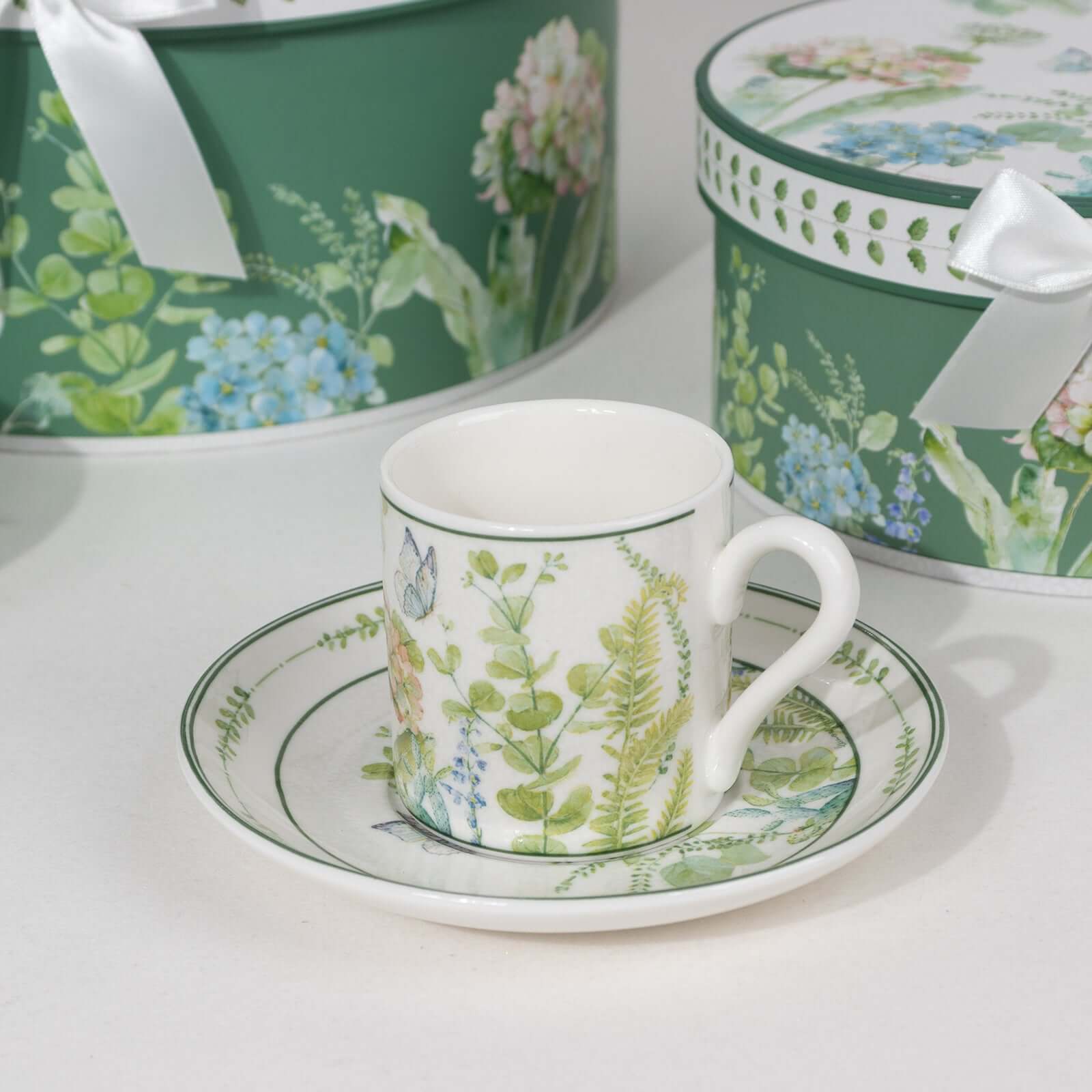 Greenery Theme Bridal Shower Gift Set, Set of 2 Porcelain Espresso Cups and Saucers with Matching Keepsake Box - Bell Racket Store