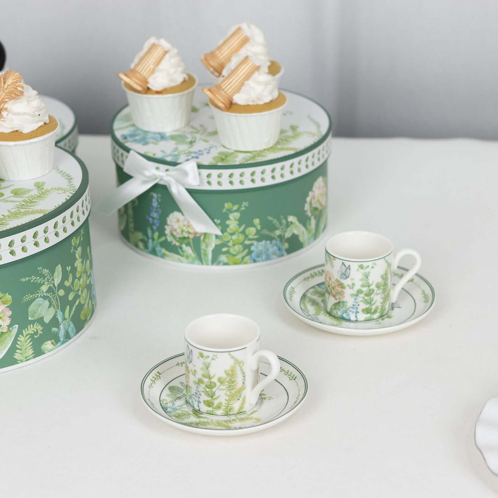 Greenery Theme Bridal Shower Gift Set, Set of 2 Porcelain Espresso Cups and Saucers with Matching Keepsake Box - Bell Racket Store