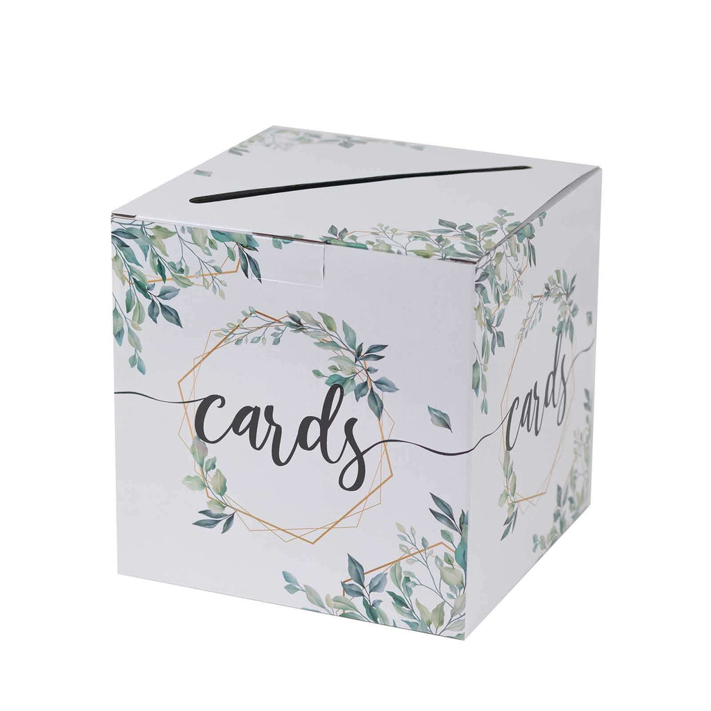 Greenery Theme Wedding Reception Gift Card Box with Geometric Gold Foil Print, Collapsible Money Card Box - 8"x8" - Bell Racket Store