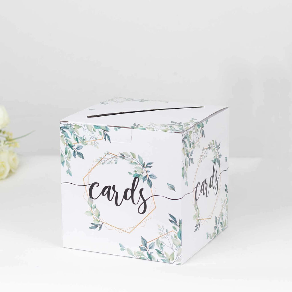 Greenery Theme Wedding Reception Gift Card Box with Geometric Gold Foil Print, Collapsible Money Card Box - 8"x8" - Bell Racket Store