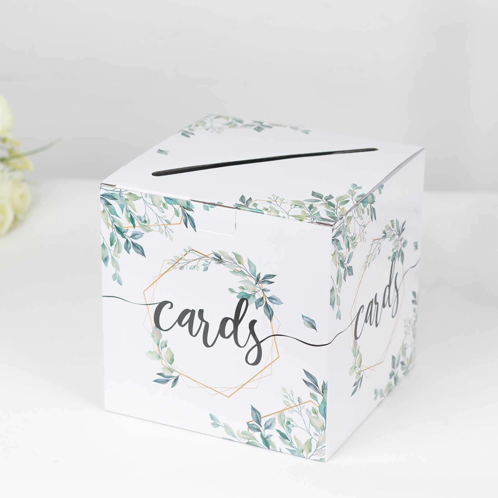 Greenery Theme Wedding Reception Gift Card Box with Geometric Gold Foil Print, Collapsible Money Card Box - 8"x8" - Bell Racket Store