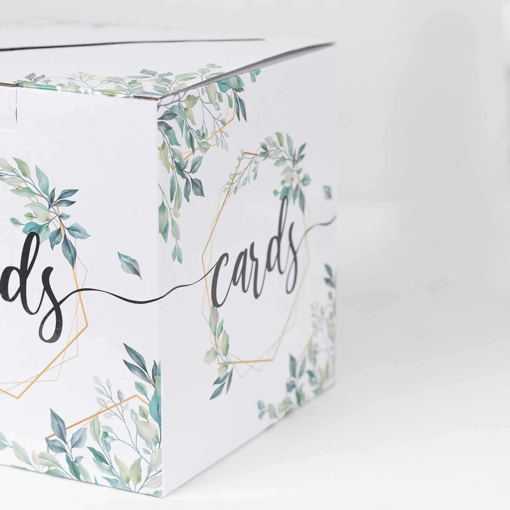 Greenery Theme Wedding Reception Gift Card Box with Geometric Gold Foil Print, Collapsible Money Card Box - 8"x8" - Bell Racket Store