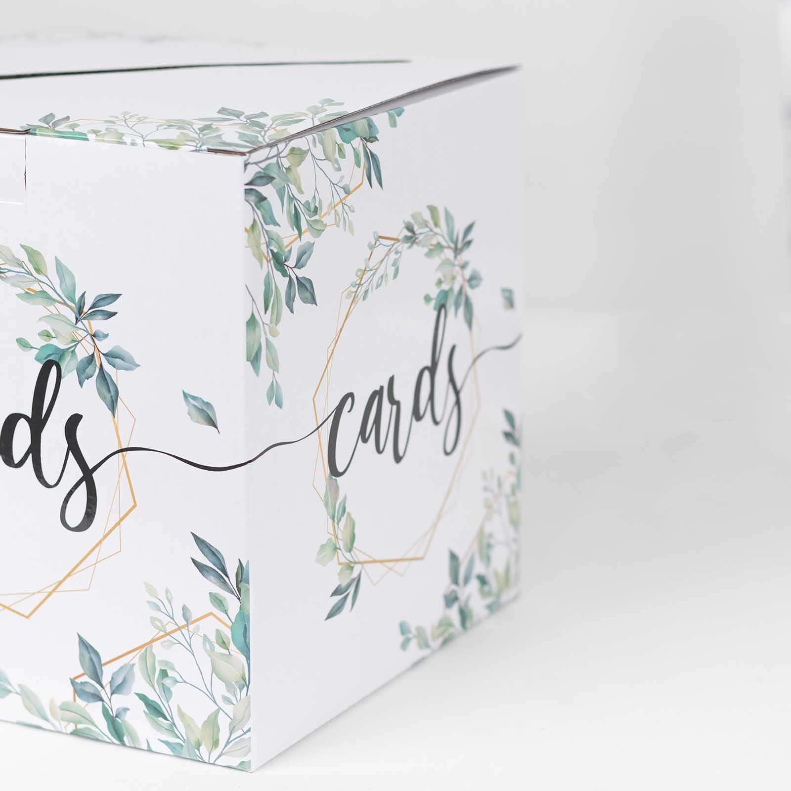 Greenery Theme Wedding Reception Gift Card Box with Geometric Gold Foil Print, Collapsible Money Card Box - 8"x8" - Bell Racket Store