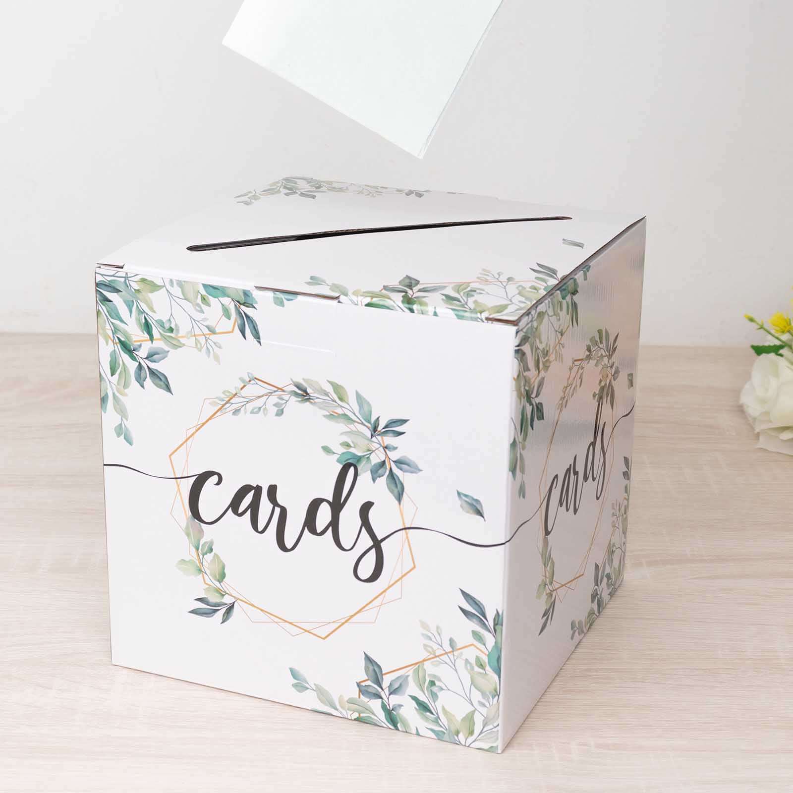 Greenery Theme Wedding Reception Gift Card Box with Geometric Gold Foil Print, Collapsible Money Card Box - 8"x8" - Bell Racket Store