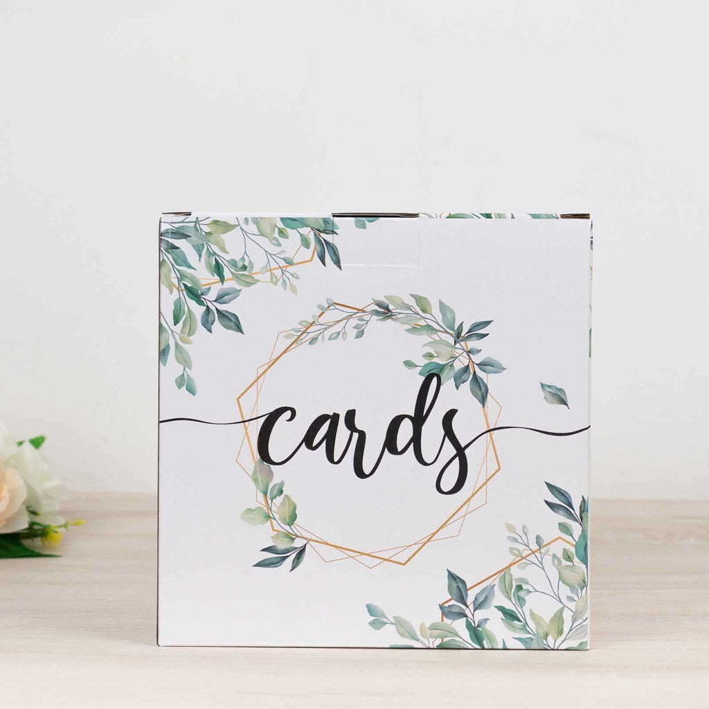 Greenery Theme Wedding Reception Gift Card Box with Geometric Gold Foil Print, Collapsible Money Card Box - 8"x8" - Bell Racket Store