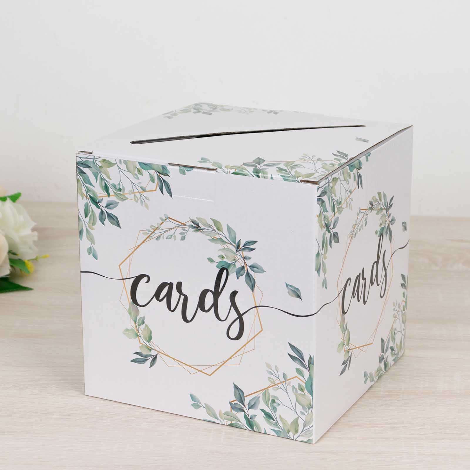 Greenery Theme Wedding Reception Gift Card Box with Geometric Gold Foil Print, Collapsible Money Card Box - 8"x8" - Bell Racket Store