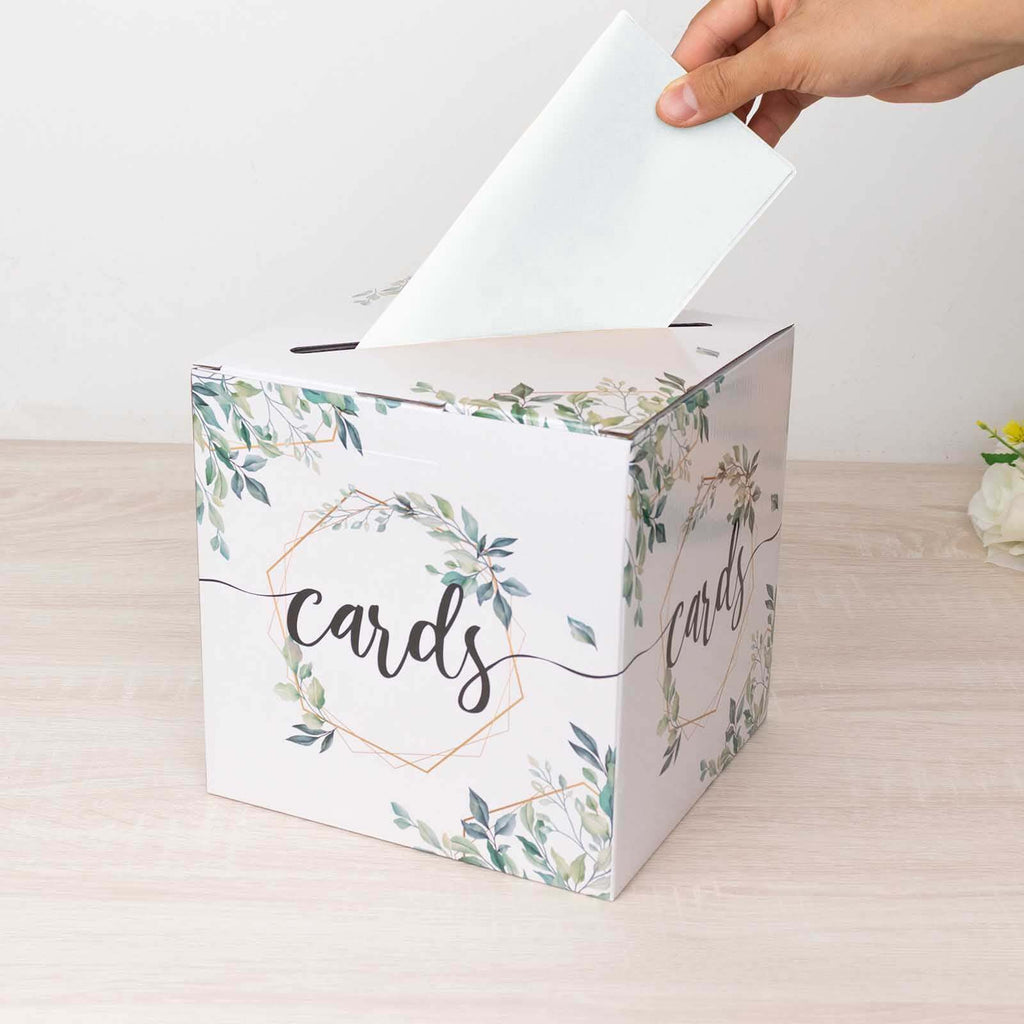 Greenery Theme Wedding Reception Gift Card Box with Geometric Gold Foil Print, Collapsible Money Card Box - 8"x8" - Bell Racket Store