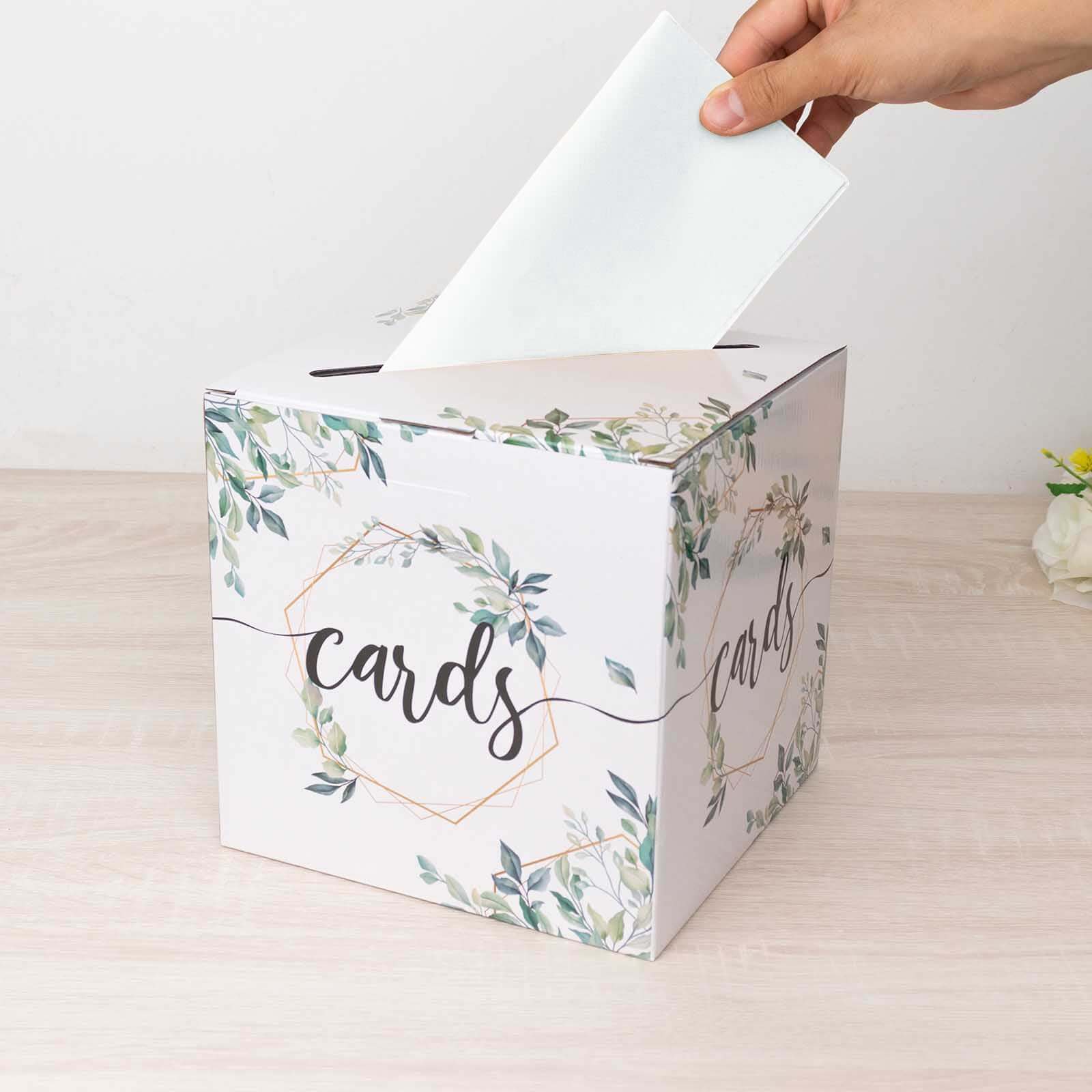 Greenery Theme Wedding Reception Gift Card Box with Geometric Gold Foil Print, Collapsible Money Card Box - 8"x8" - Bell Racket Store