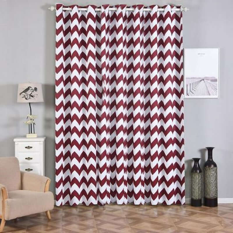 2 Pack White Burgundy Chevron Print Thermal Blackout Window Curtain Grommet Panels, Noise Canceling Curtains - 52"x108"