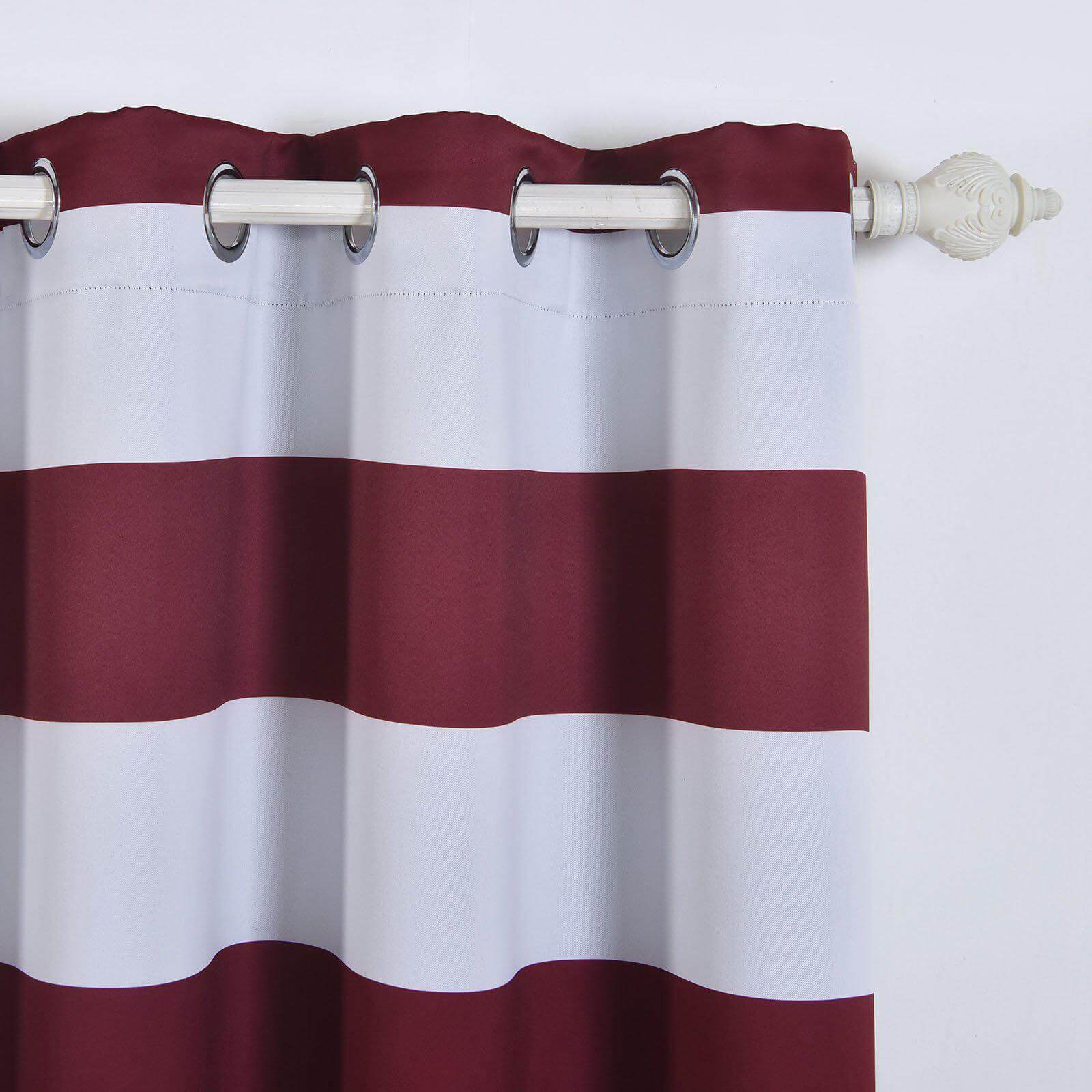 2 Pack White Burgundy Cabana Stripe Thermal Blackout Window Curtain Grommet Panels, Noise Canceling Curtains - 52"x108"