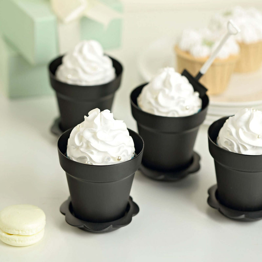 12-Pack Dessert Cups Succulent Planter Design Black - Plastic Serving Cups with Lids and Shovels 4"
