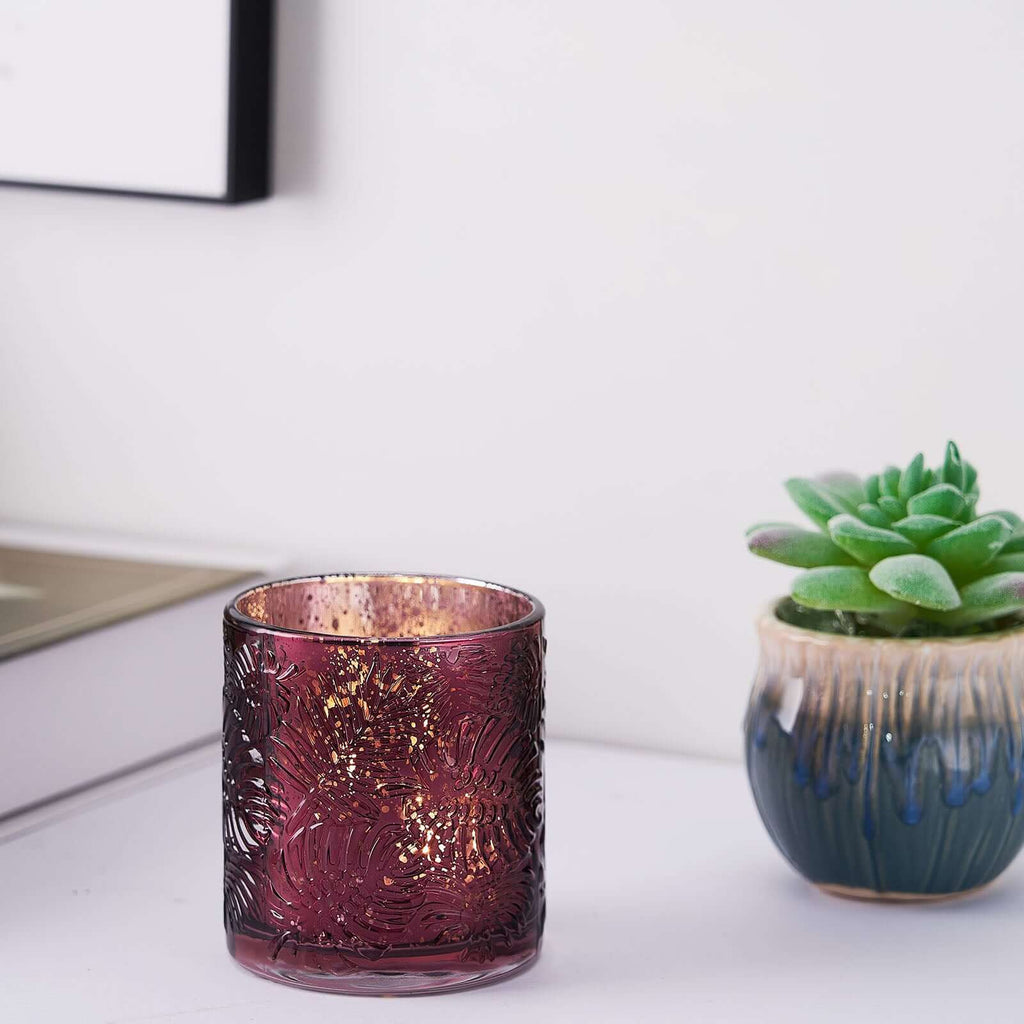 6-Pack Mercury Glass Candle Holders Burgundy Palm Leaf Design - Votive Tealight Holders for Events
