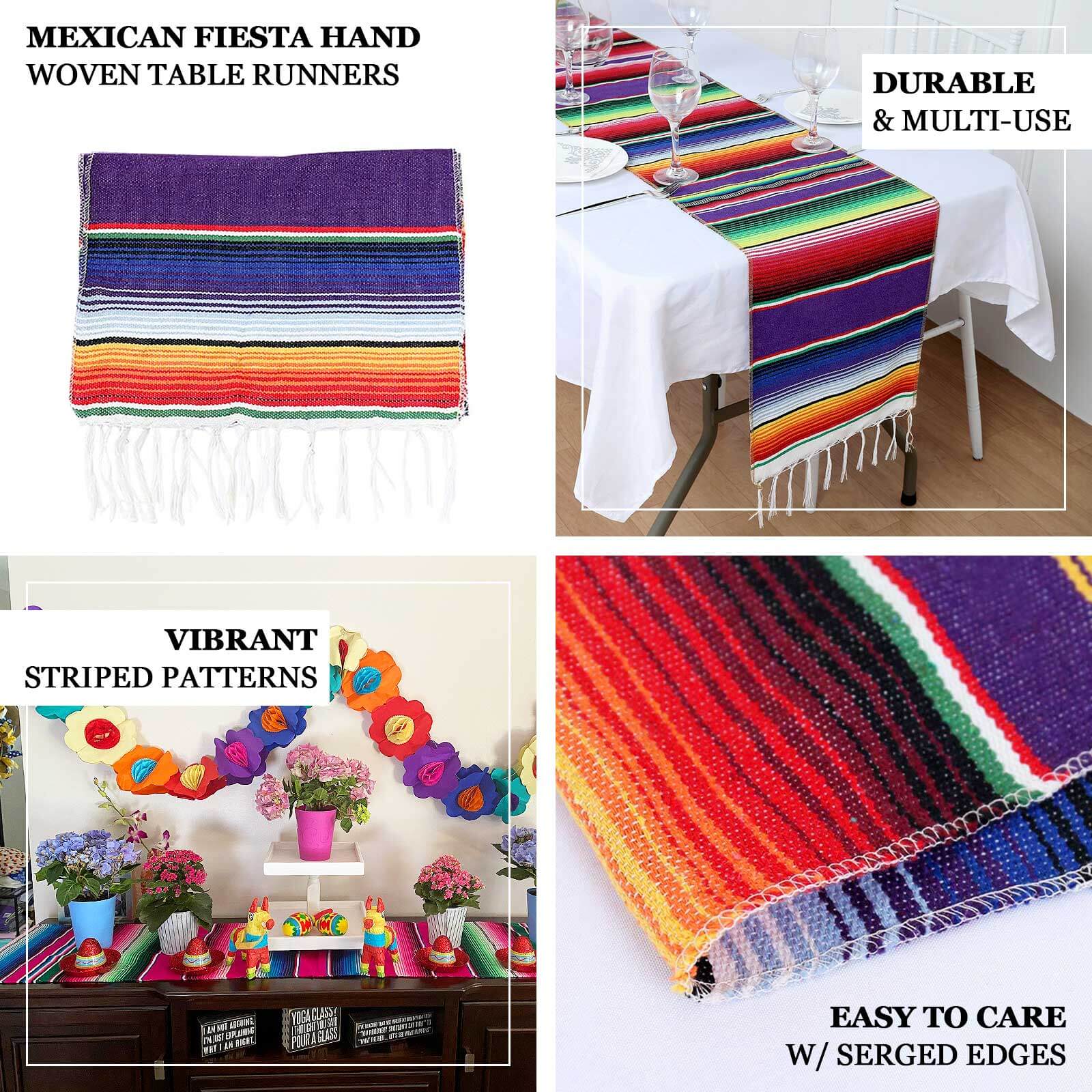 Mexican Serape 14"x108" Table Runner With Tassels Assorted Colors - Vibrant Fiesta Party Decor