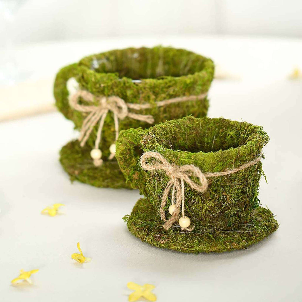 Set of 2 Teacup Shaped Planter Boxes Preserved Moss with Twine Green - Flower Basket Centerpieces 5", 4"