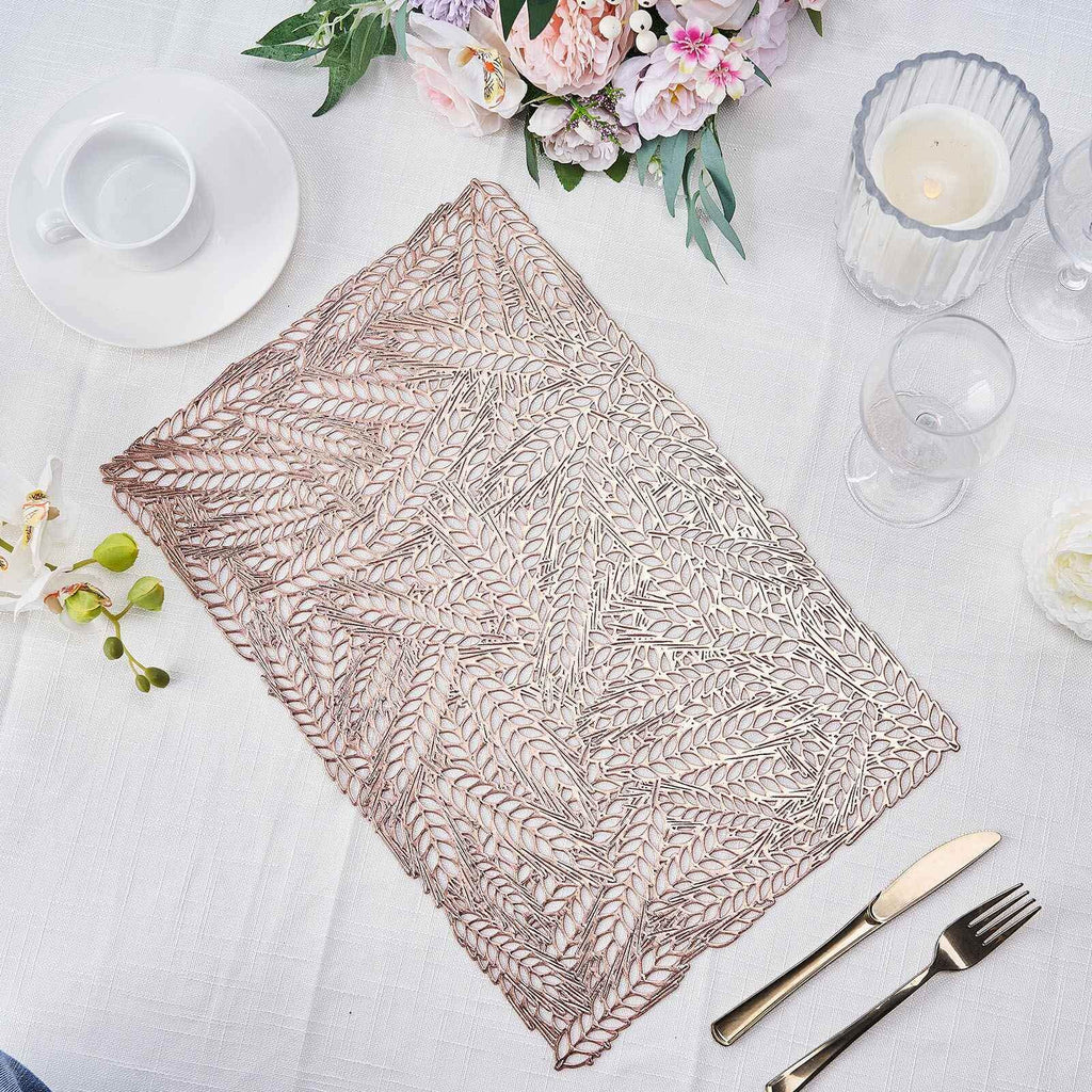 6-Pack Table Mats Wheat Design Rose Gold - Vinyl Rectangle Non-Slip Surface for Stylish Settings 12"x18"